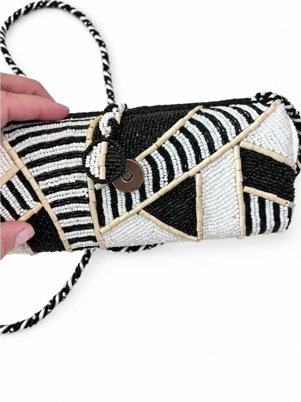 Mary Frances Black & White Geometric Beaded Crossbody Clutch Bag